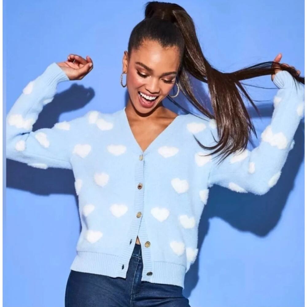 Lilly Pulitzer Heart Jacquard Sweater Cardigan Womens XS Blue White Silky Soft